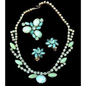 Vintage 1950s Opaline Rhinestone Necklace Brooch Earrings Set Aqua Floral